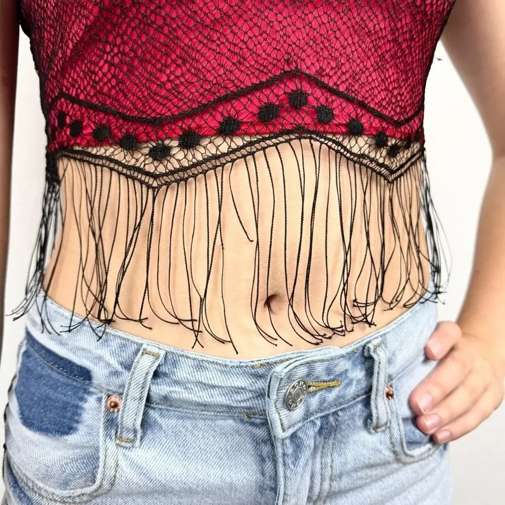 Vintage Y2K 90s Formula X Lace Mesh Fringe Whimsigoth Going Out Top Cropped Sz S - Picture 2 of 13